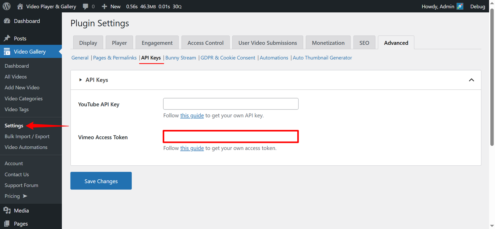 vimeo-api-key-settings